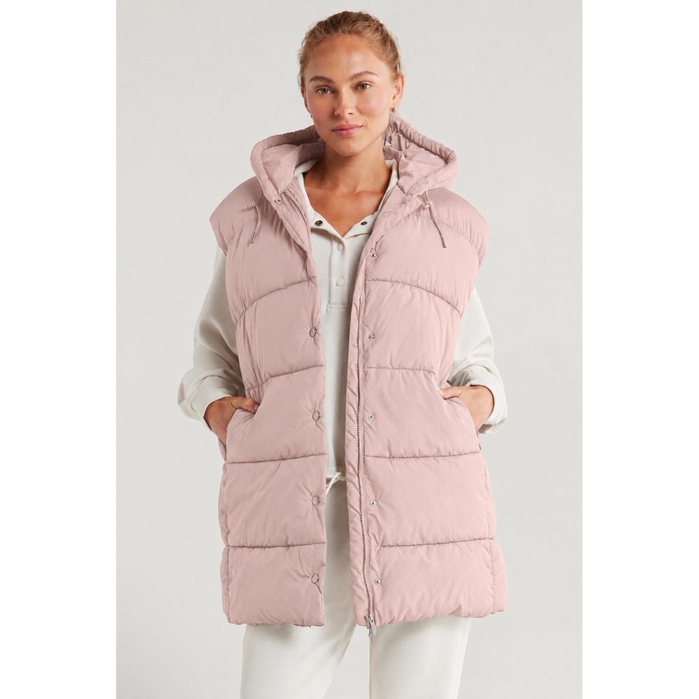 NEW Zella Longline Hooded Puffer Vest Pink Dusty Rose Size Large